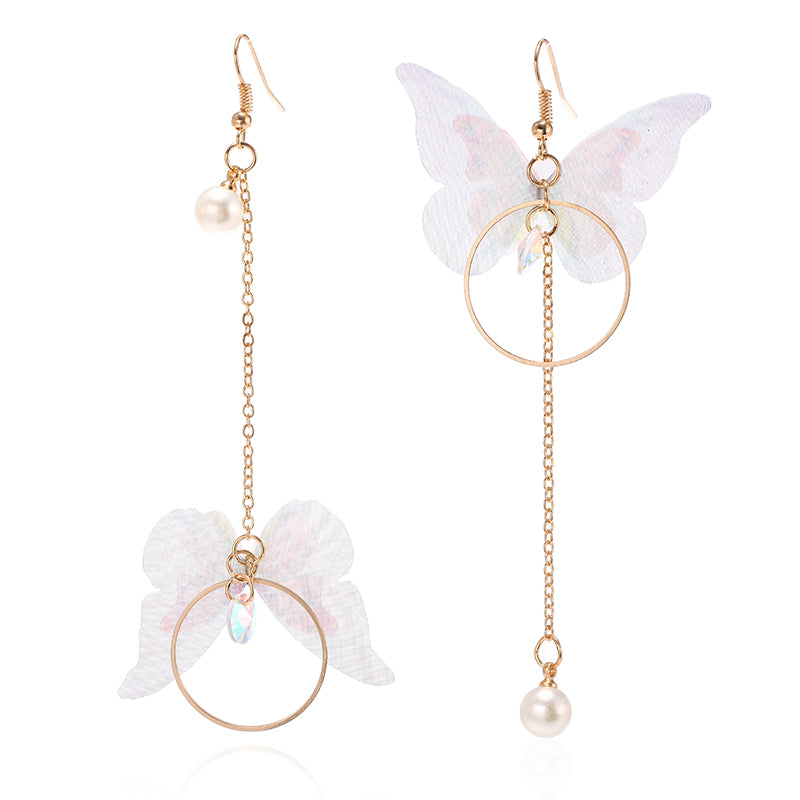 Hot Trendy Fairy Yarn Asymmetric Butterfly Long Earrings For Girl Ear Adornment Alloy Circle Rhinestone Pendient Jewerly