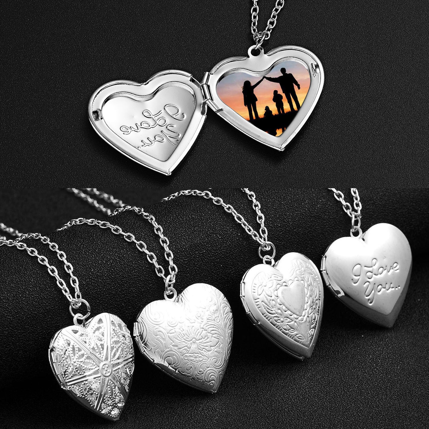 Carved Design Love Heart Photo Frame Pendant Necklace - Personalized Family Jewelry
