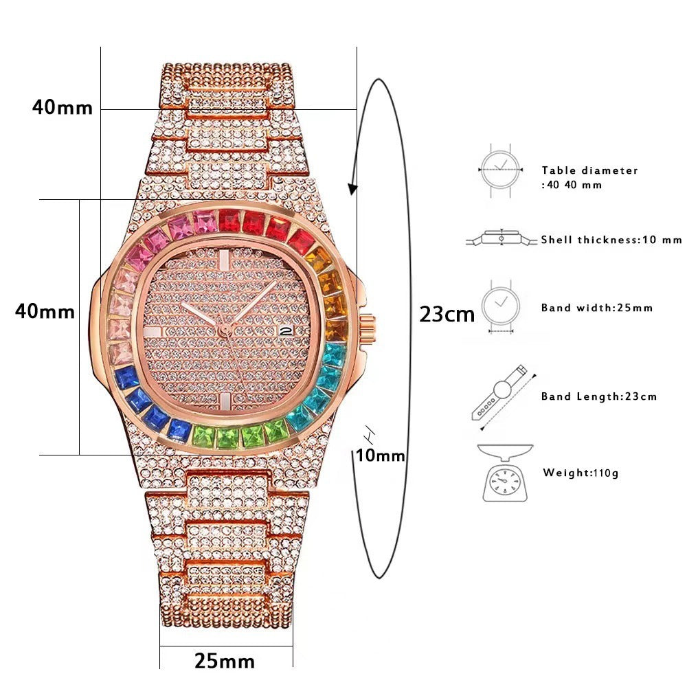 Full Diamond Inlaid Color Diamond Steel Belt Square Belt Calendar Quartz Wrist Watch