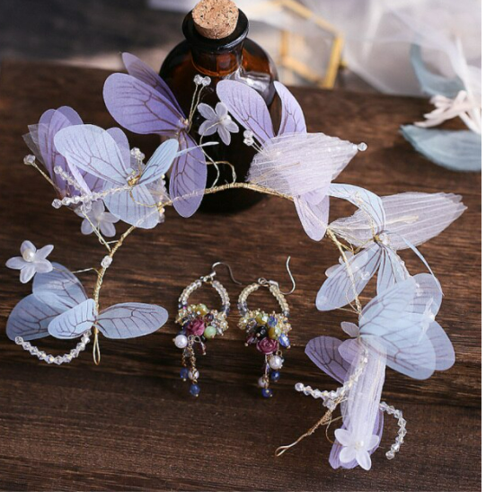 Bridal Headdress Head Flower Wings Super Fairy Hair Band Earrings Hair Accessory Set