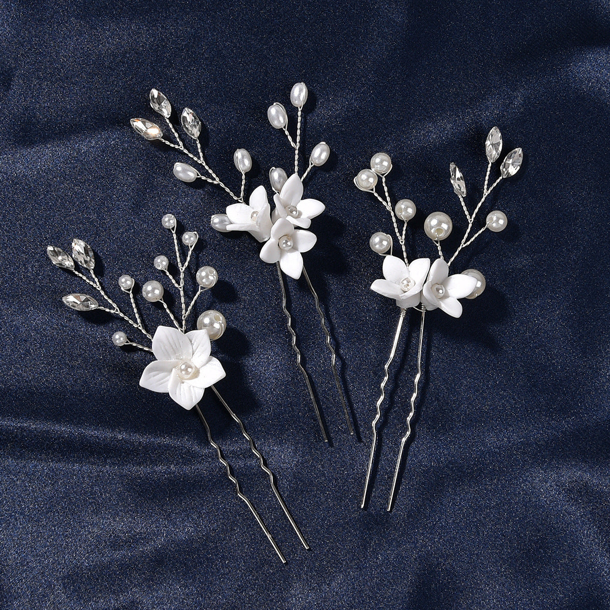 Three Sets Of White Flower U Shaped Hairpins