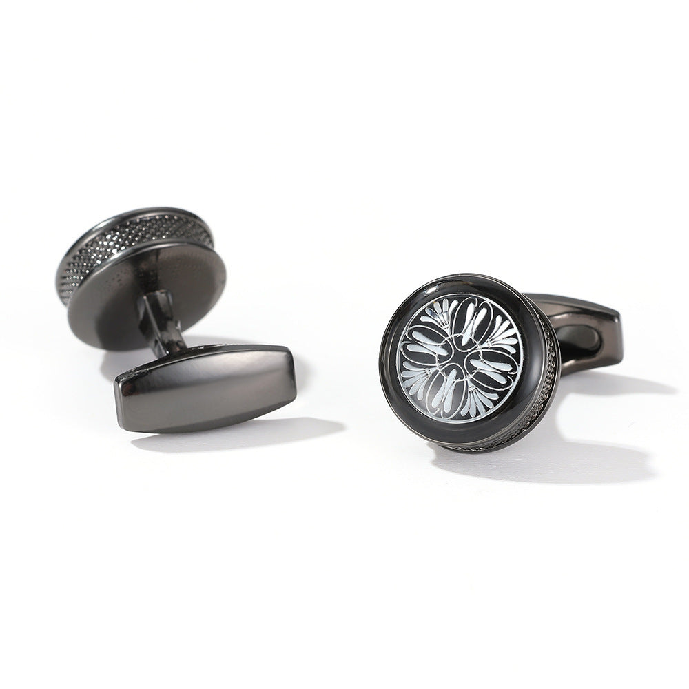 Men's Yellow Pattern Round Silver Cufflinks