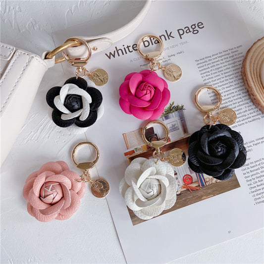 Fashion Leather Camellia Car Keychain