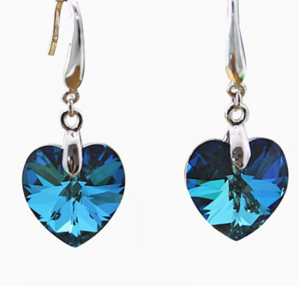 Blue Crystal Heart Dangle Earrings