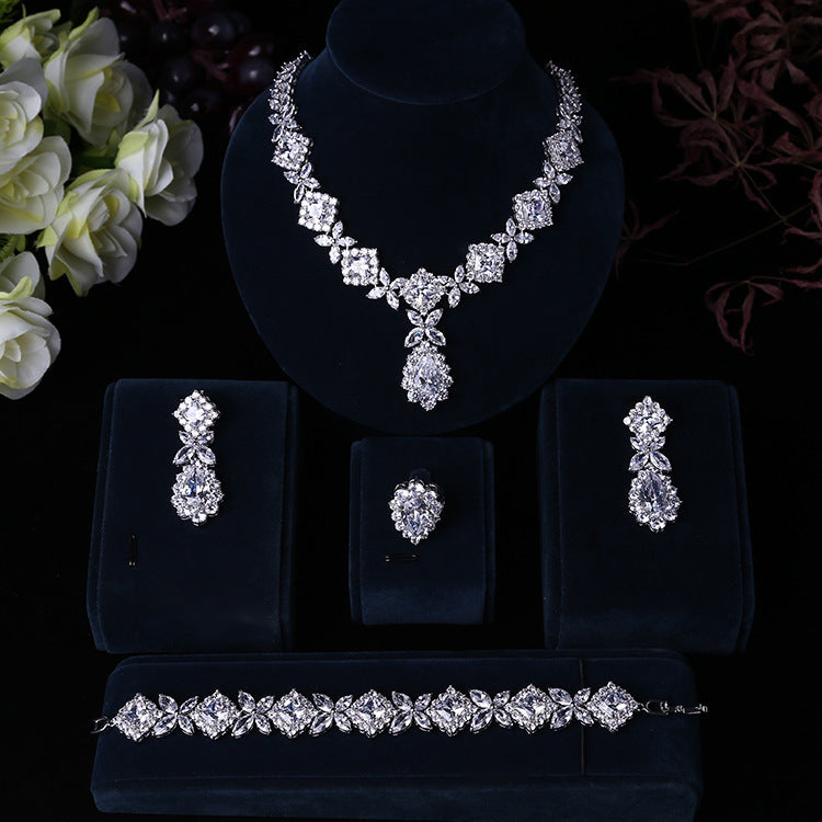 Exaggerated Water Drop Zircon Necklace Earrings Bracelet Ring Four-piece Set