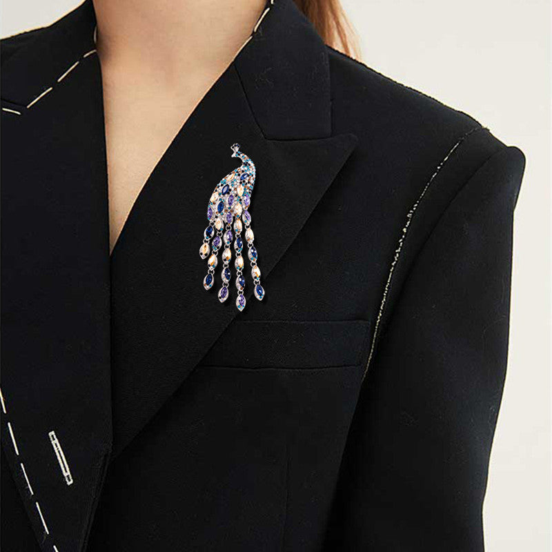 Retro Large Long Tail Crystal Peacock Tassel Brooch