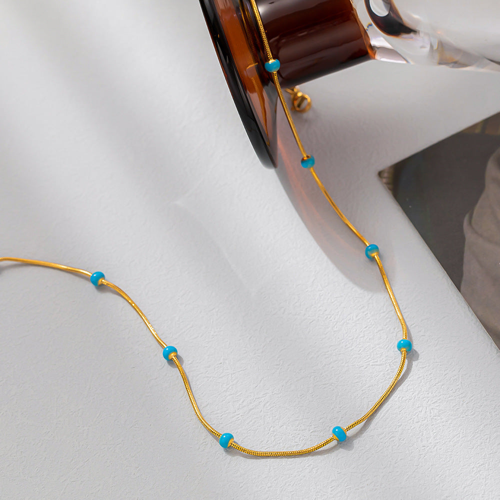 Chic 18K Gold Plated Stainless Steel Enamel Blue Bead Snake Chain Necklace