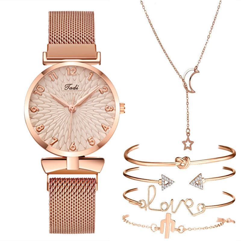 Casual Gift Set Women Disc Mesh Belt Quartz Watch Bracelet Bangle Set 6pcsset