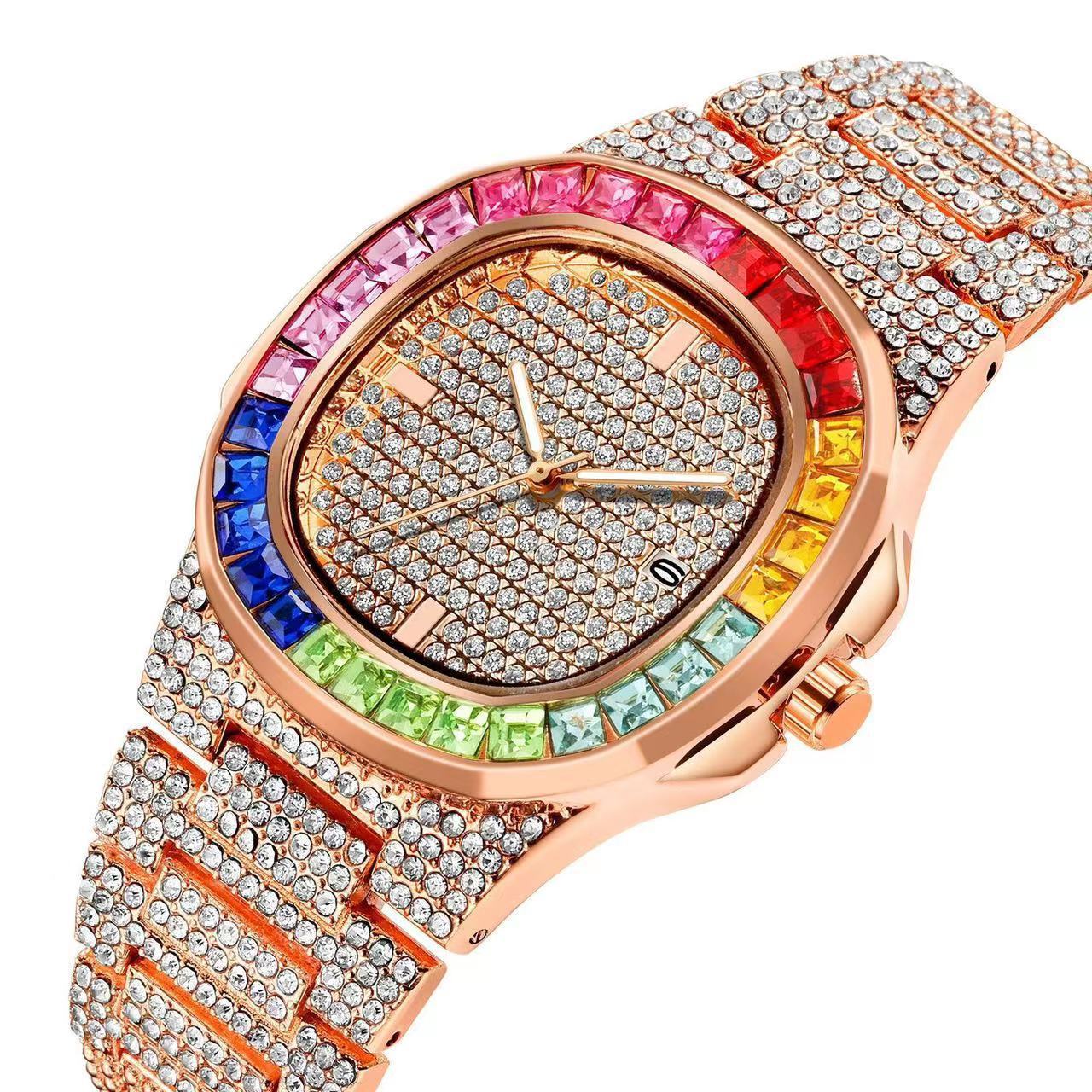 Full Diamond Inlaid Color Diamond Steel Belt Square Belt Calendar Quartz Wrist Watch