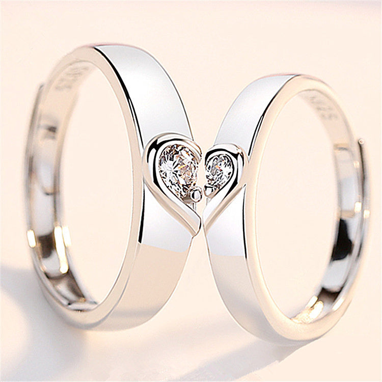 Silver Heart Diamond Couple's Ring