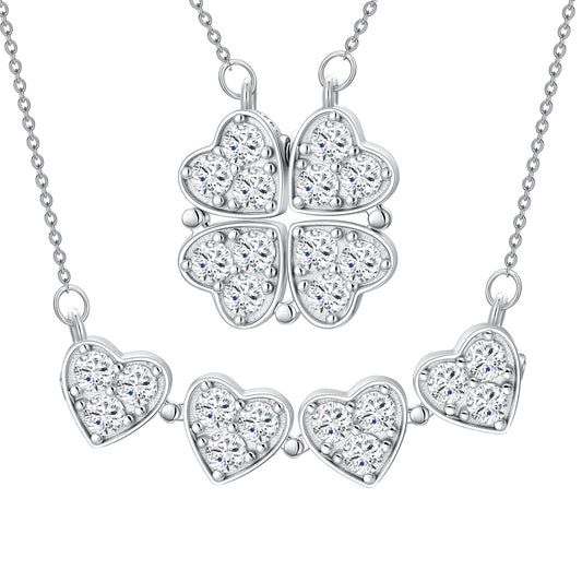 Clover Folded Heart Zircon Charm Pendant Necklace Gift for Women