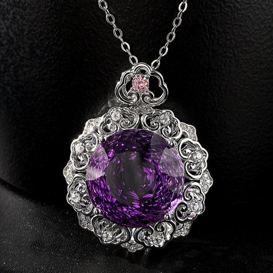 Luxurious S925 Silver Set Natural Amethyst Pendant Female Vintage Pattern Senior Jewelry Quality Sweater Chain