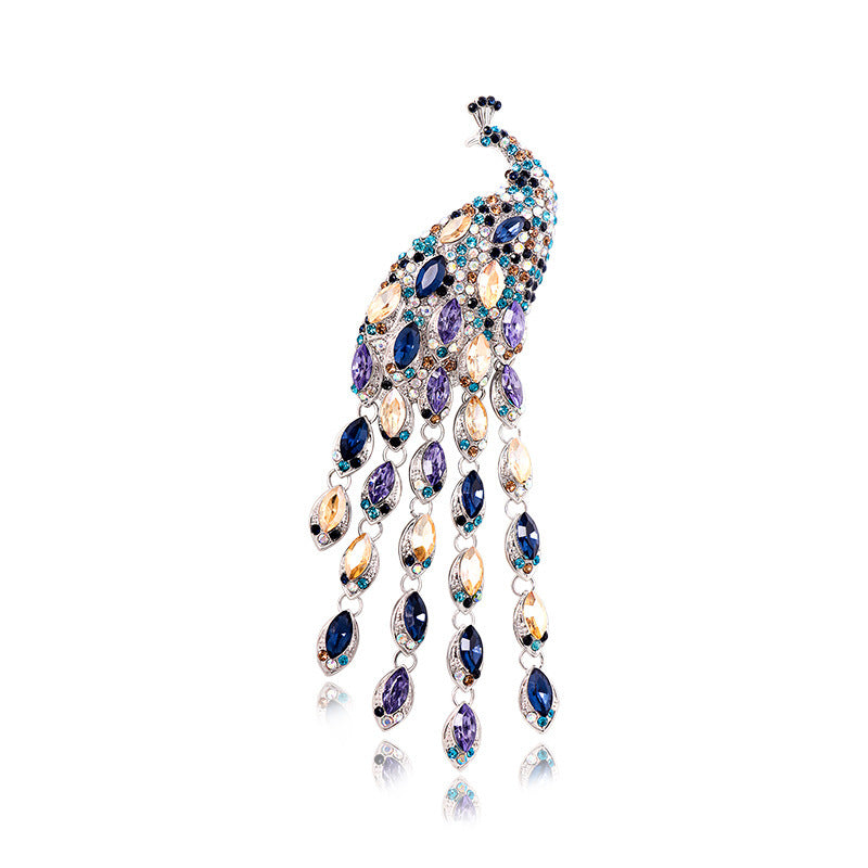 Retro Large Long Tail Crystal Peacock Tassel Brooch