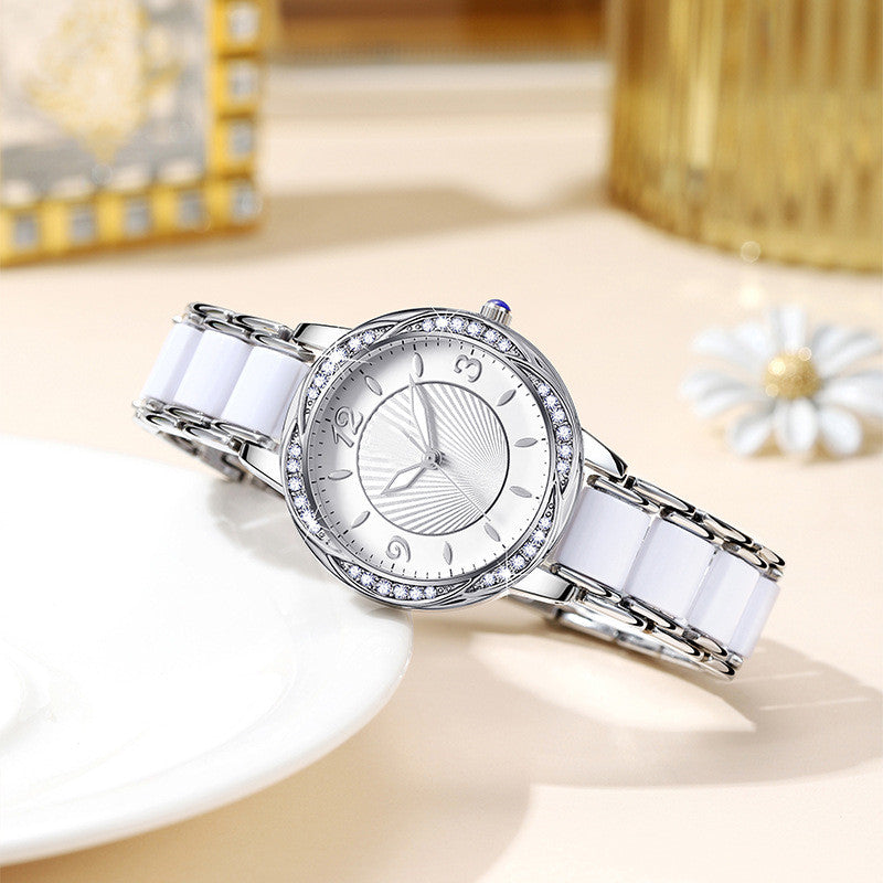 Women's Fashion Simple Ceramic Strap Butterfly Buckle Quartz Watch