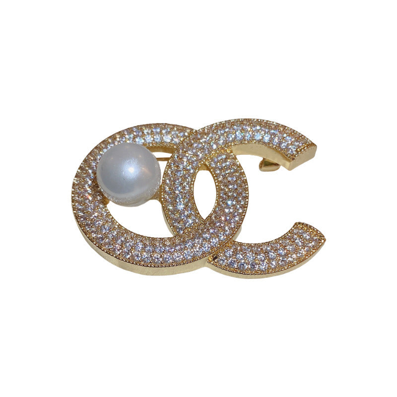 Real Gold Plated Pearl Zirconia Letter Brooch