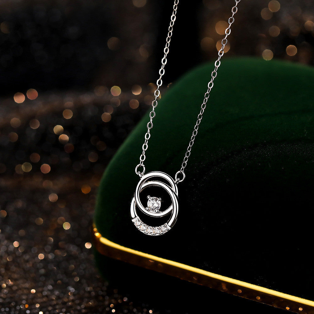 Sterling Silver Double Round Ring Zircon Necklace Female Temperament