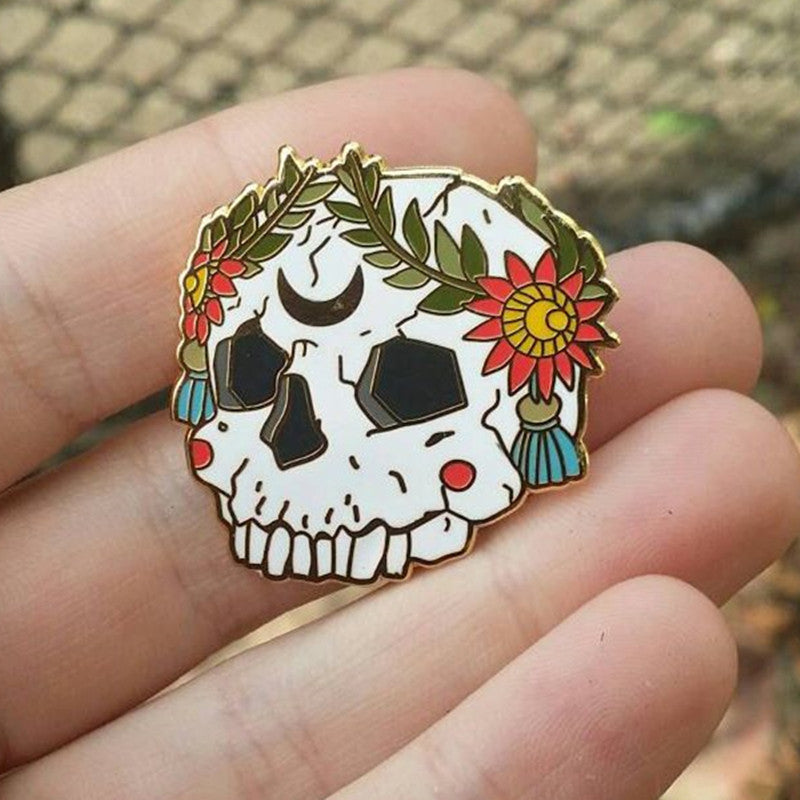 Skull Brooch Beautiful Flower Skull Badge