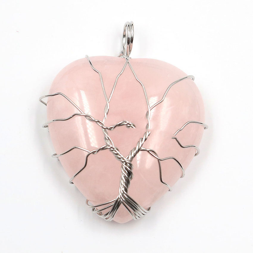 Peach Heart-shaped Lovers Pendant Natural Crystal Tree Of Life Necklace