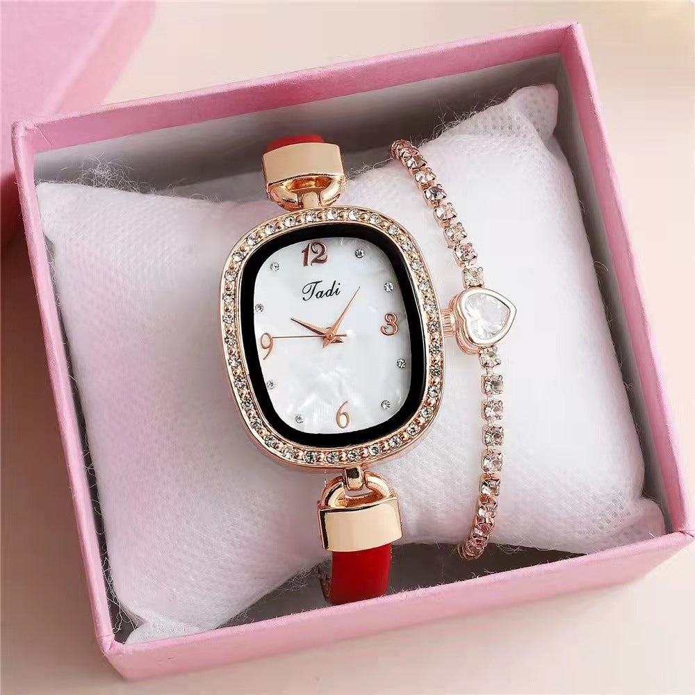 Fashion Belt Marbling Rhinestone Women's Quartz Watch Bracelet Set