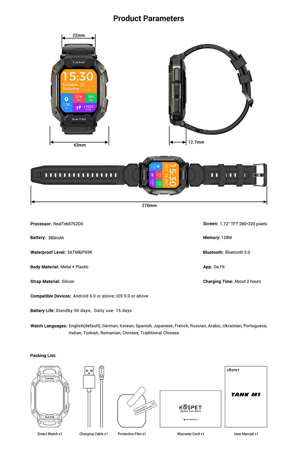 Outdoor Smart Watch 5ATM IP69K Waterproof Bluetooth