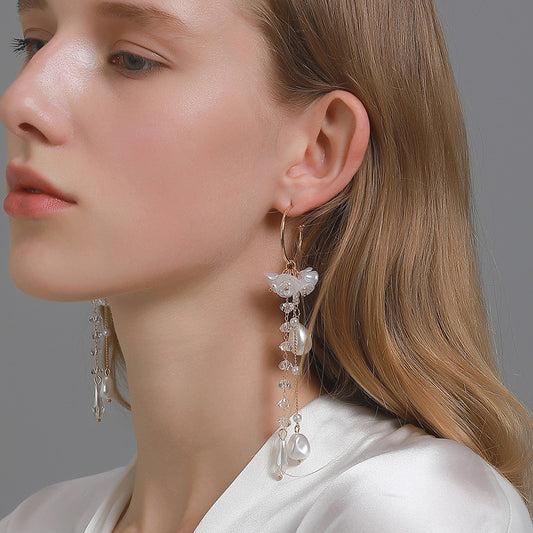 Simulated Pearl & Crystal Flower Petal Drop Earrings