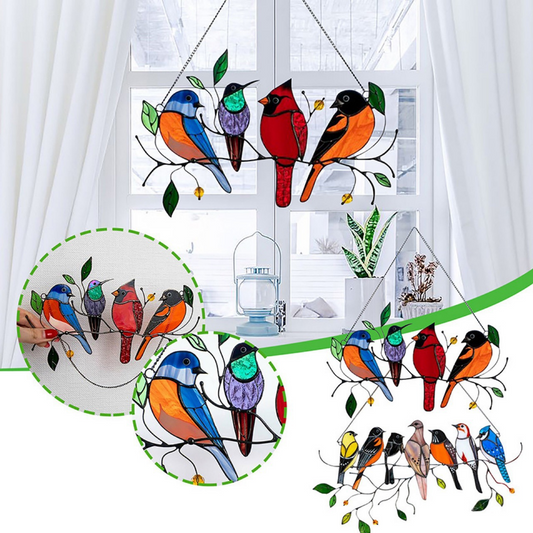 Metal Stained Bird Panel Glass Window Hanging Wall Decor Parrot Birds Art Pendant Wind Chimes Bird Ornaments Home Ornaments