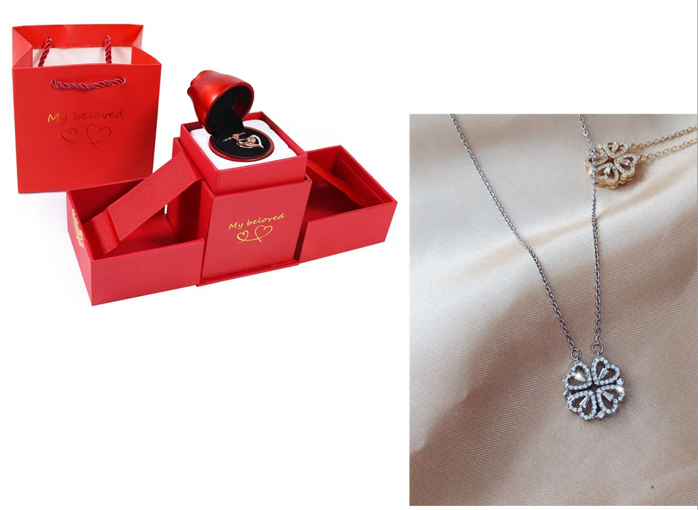 Magnetic Folding Heart-Shaped Four-Leaf Clover Pendant Necklace