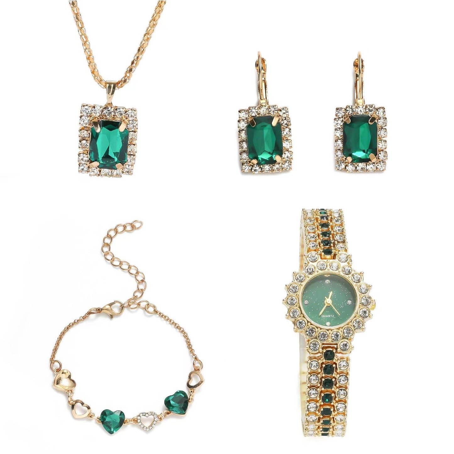 Chic Green Watch & Jewelry Five-Piece Gift Set