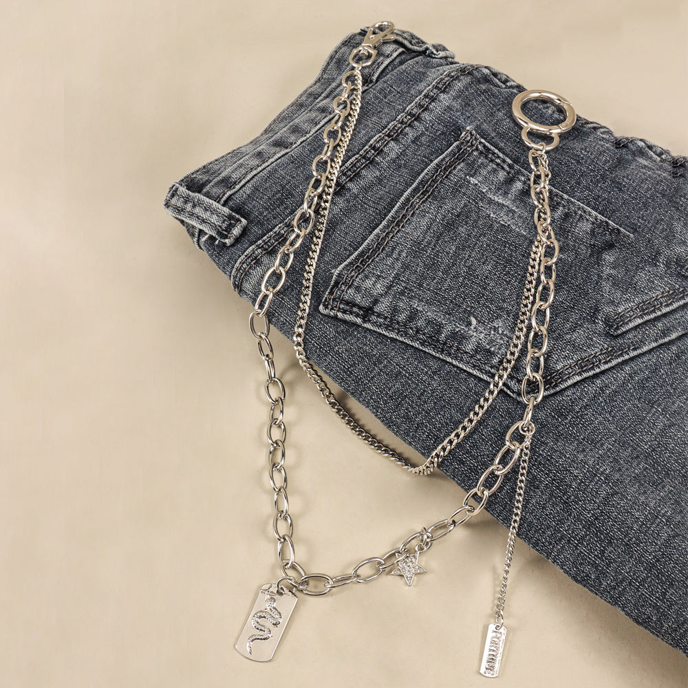 New Fashion Trend Serpentine Star Double Silver Metal Trouser Chain Men And Women Multi-level Punk Hip-hop Waist Chain Decorative Jeans