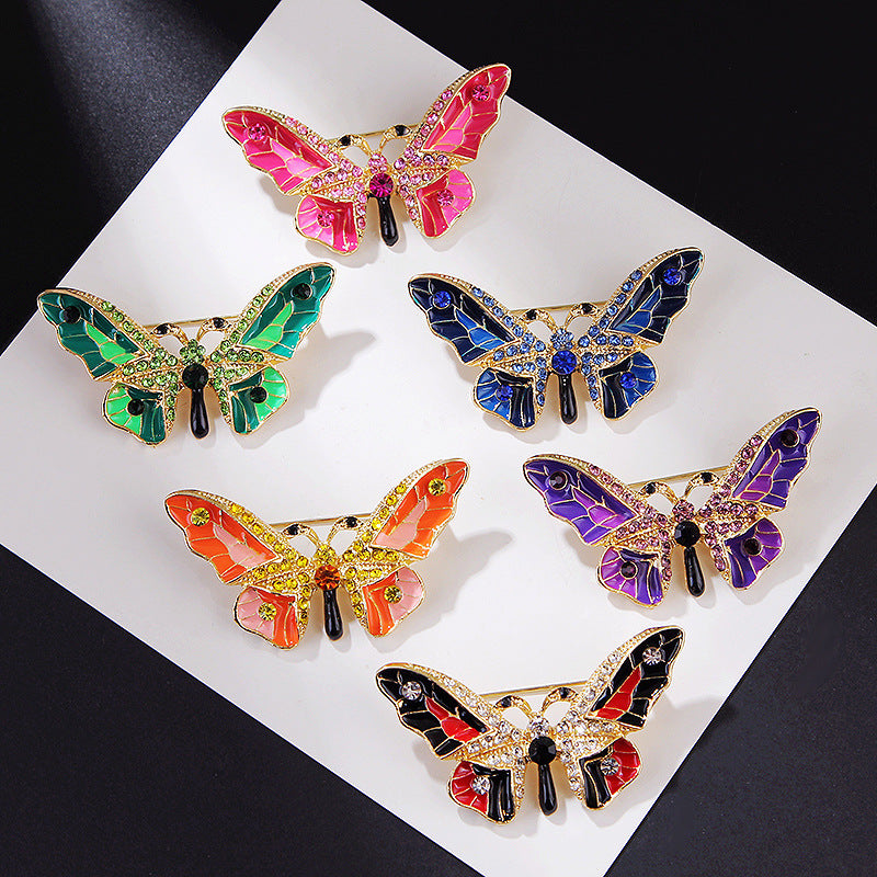 Women's Stylish Simple And Versatile Alloy Dripping Colorful Crystals Butterfly Brooch