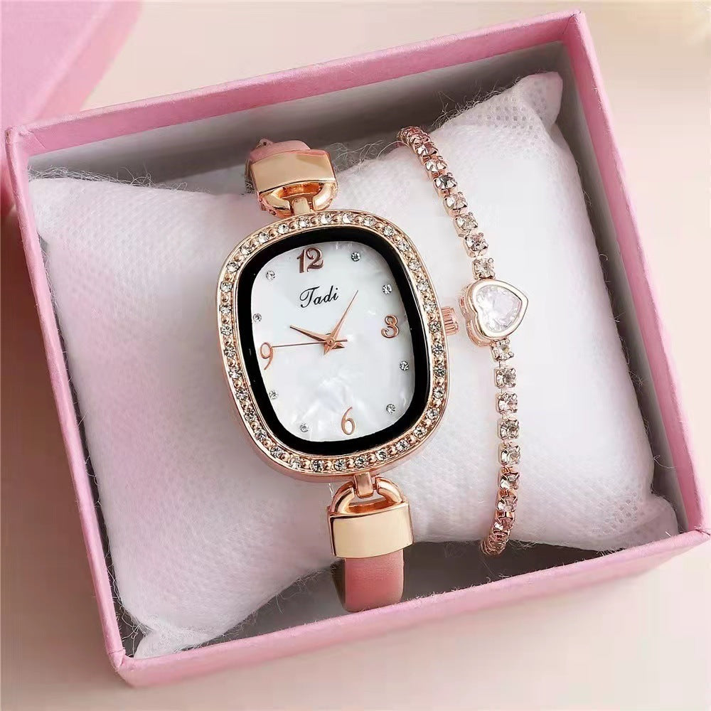 Fashion Belt Marbling Rhinestone Women's Quartz Watch Bracelet Set