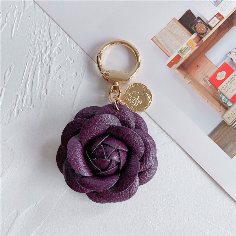 Fashion Leather Camellia Car Keychain