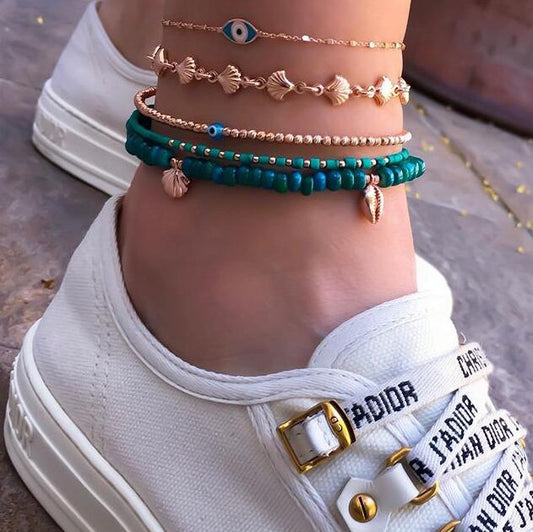 Rice Beads Eye Scallop 5-piece Anklet