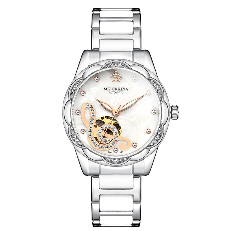 Ouqina Watch Female Automatic Mechanical Watch Ceramic Steel Band