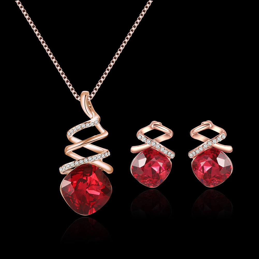 Gold Plated Red Rhinestone Pendant & Earrings Set