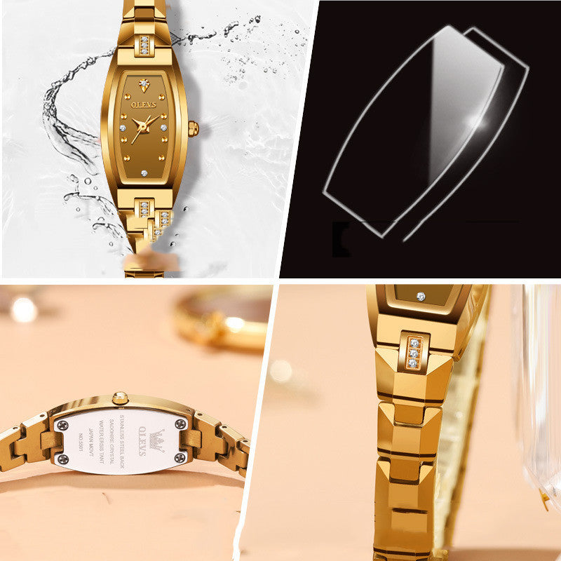 Women's Fashion Diamond Set Tungsten Steel Retro Tonneau Type Quartz Watch