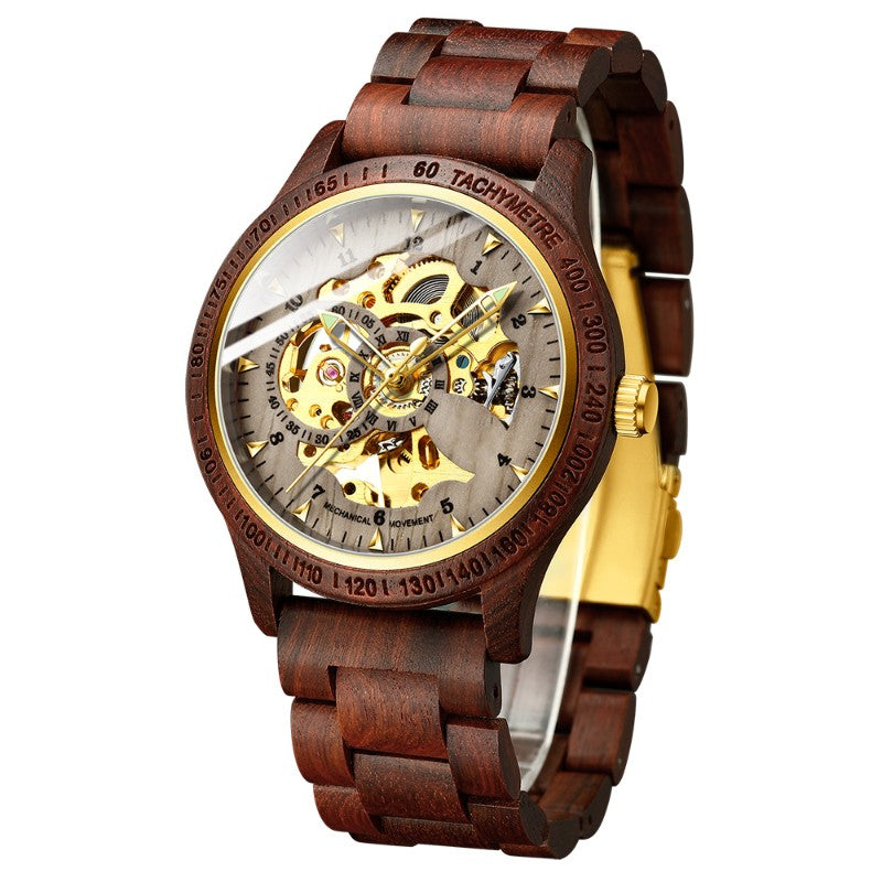 Men's Sandalwood Fully Automatic Hollow Mechanical Watch