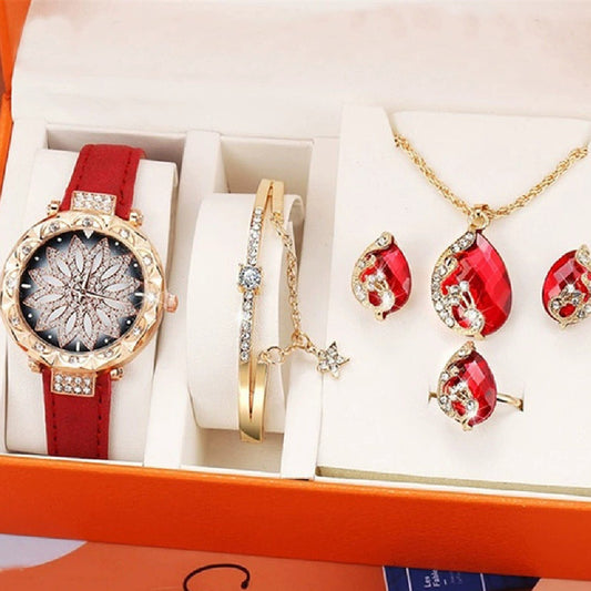 Women's Suit Gift 5-piece Set Watch Bracelet Ring Necklace Earrings Combination Gift Box