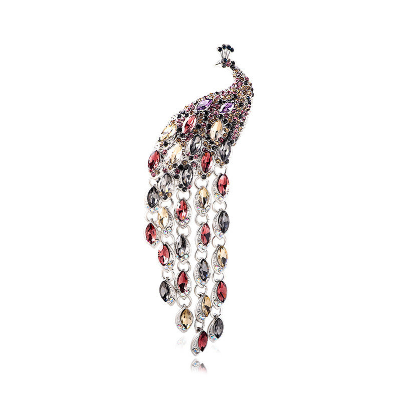 Retro Large Long Tail Crystal Peacock Tassel Brooch