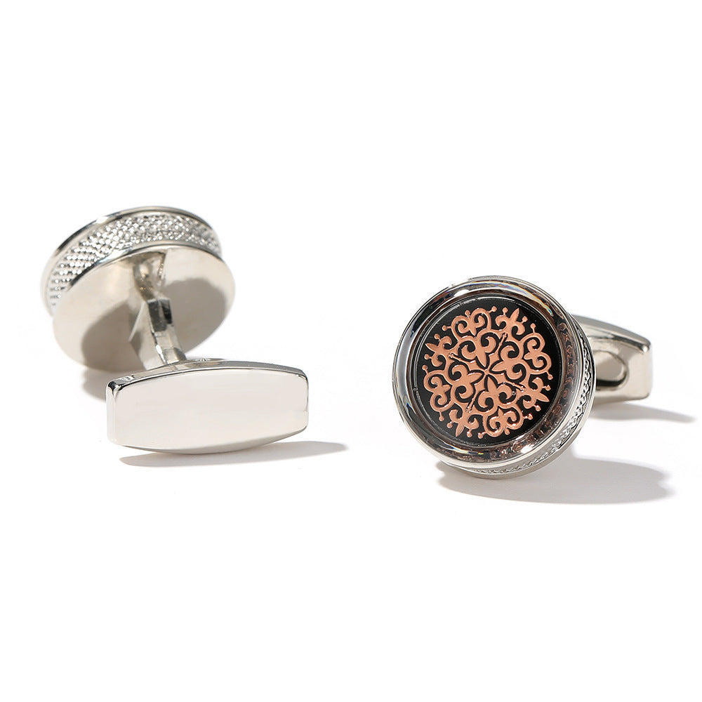 Men's Yellow Pattern Round Silver Cufflinks