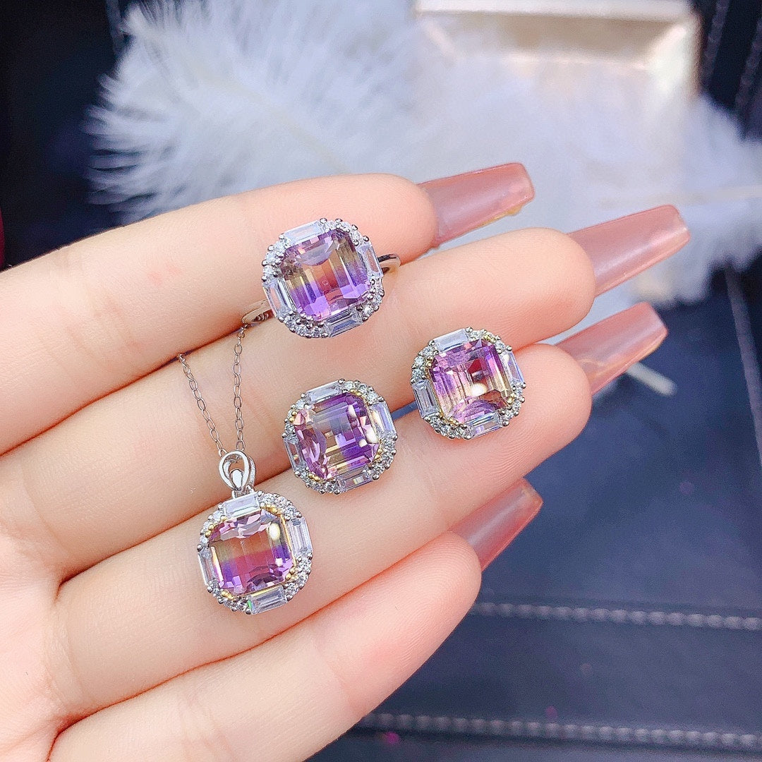 Natural Ascher Amethyst Set Ring Pendant Earrings