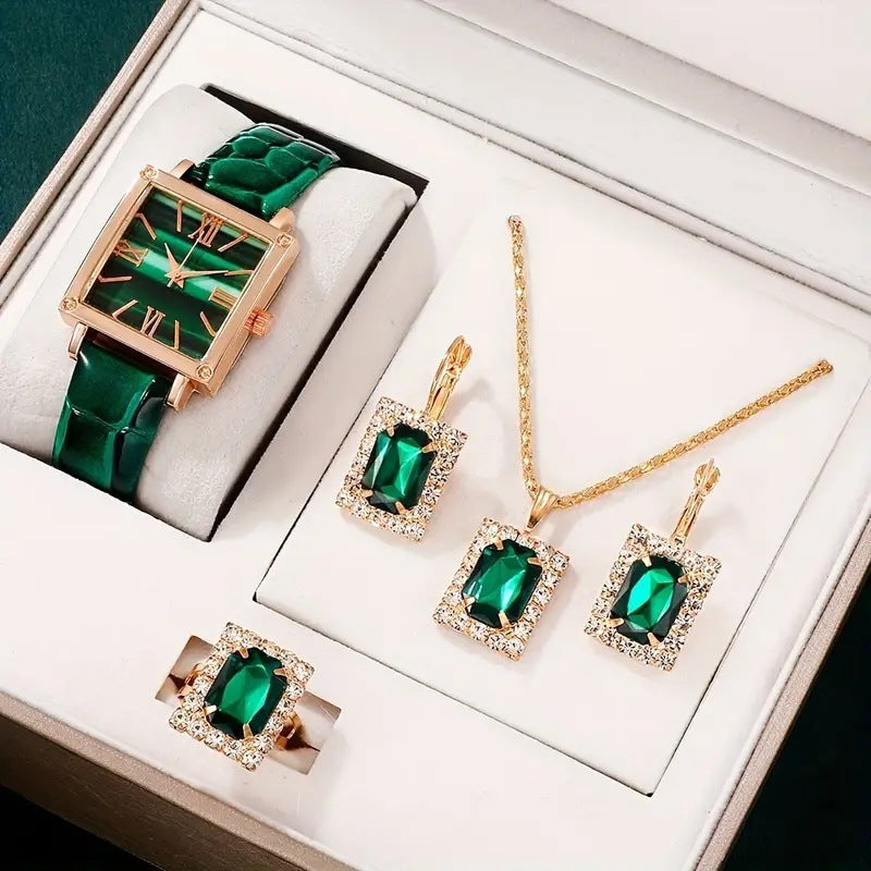 Dazzling Diamond-Accented Quartz Watch & Jewelry Set