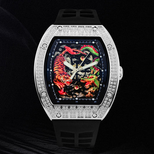 Men's Fashion Casual Automatic Mechanical Dragon Tiger Diamond-embedded Watch