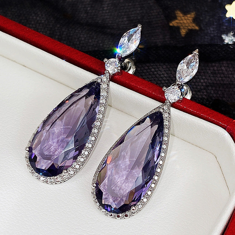 Micro-inlaid Purple Zircon Long Women Bridal Earrings