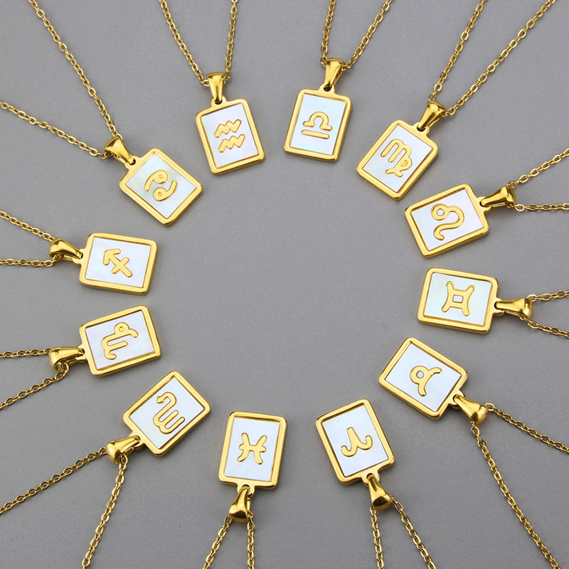 Stainless Steel Square Shell Zodiac Necklace