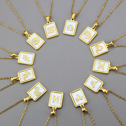 Stainless Steel Square Shell Zodiac Necklace