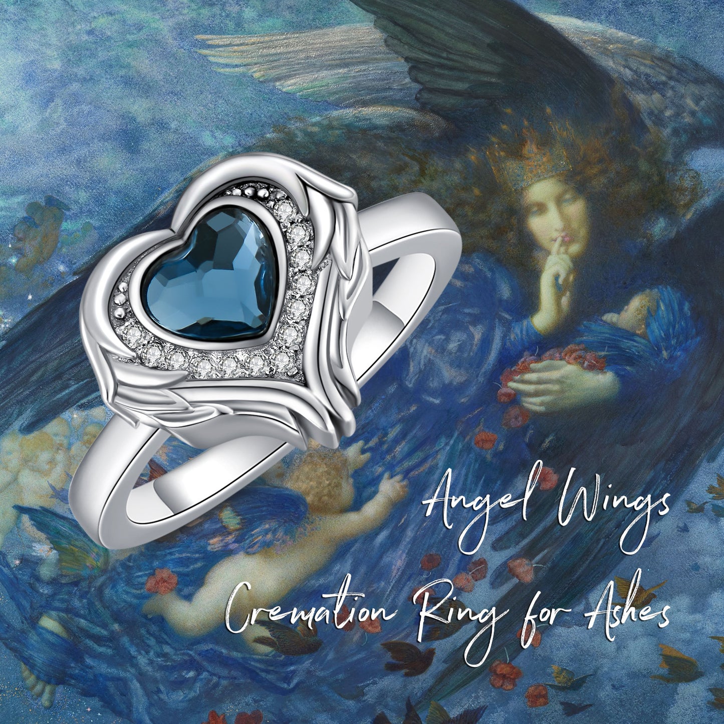 925 Sterling Silver Angel Wing Heart Cremation Urn Holds Loved Ones Ashes Ring