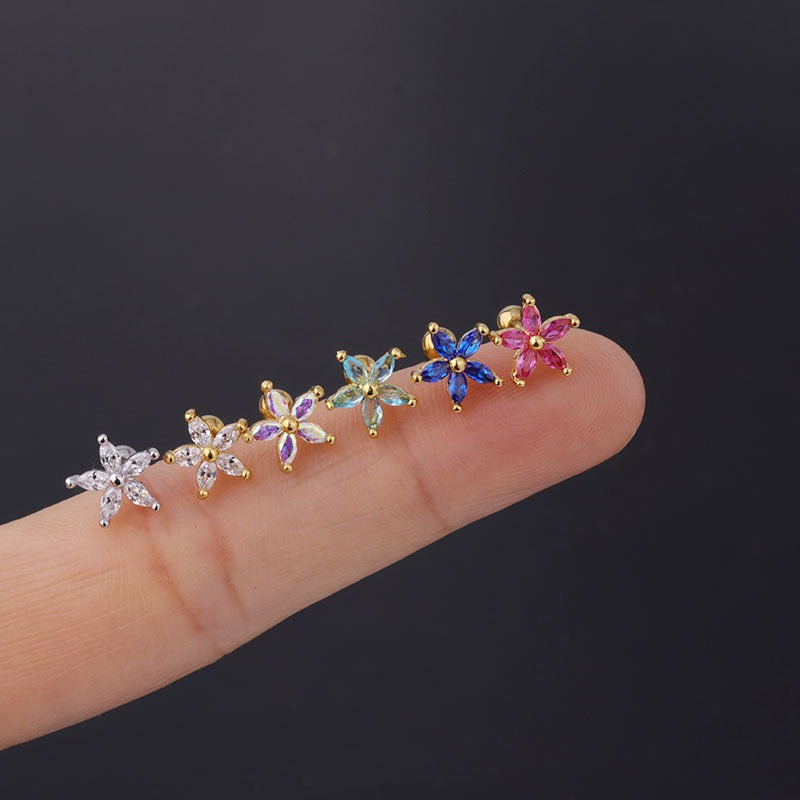 Colorful Zircon Daisy Flower Ear Bone Nail Stainless Steel Thin Rod Puncture Screw Ball