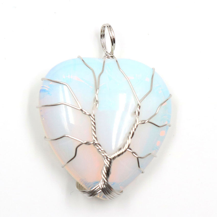 Peach Heart-shaped Lovers Pendant Natural Crystal Tree Of Life Necklace