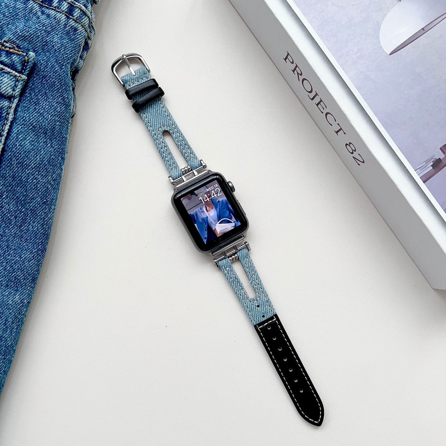 Smart Watch Metal Buckle Stitching Denim Leather Watch